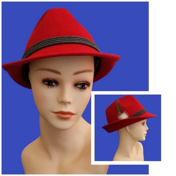 Vintage Traditional Austrian Alpine Red Tyrolean Felt Fedora Oktoberfest Hat - Picture 1 of 8